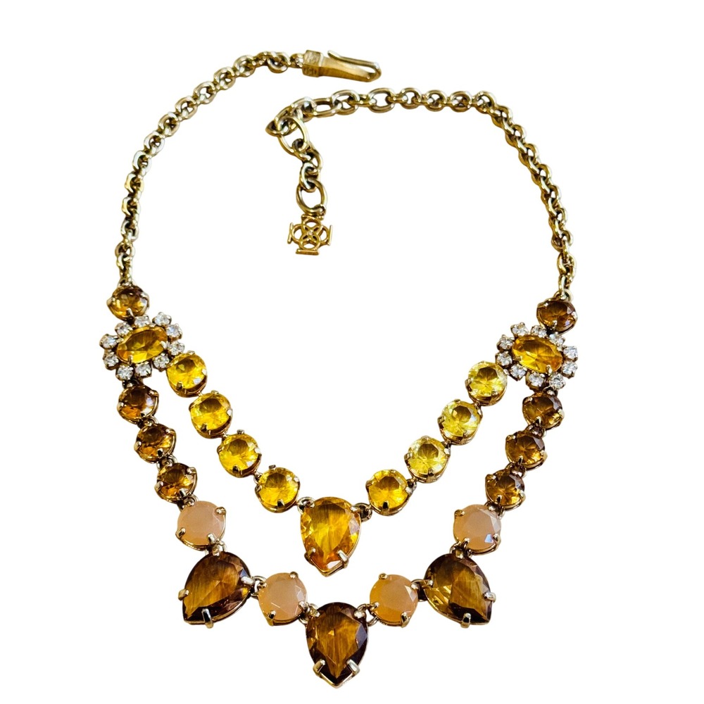 Anne‎ Taylor Yellow Layered Crystal Necklace Statement Gold Plated Iconic 19"